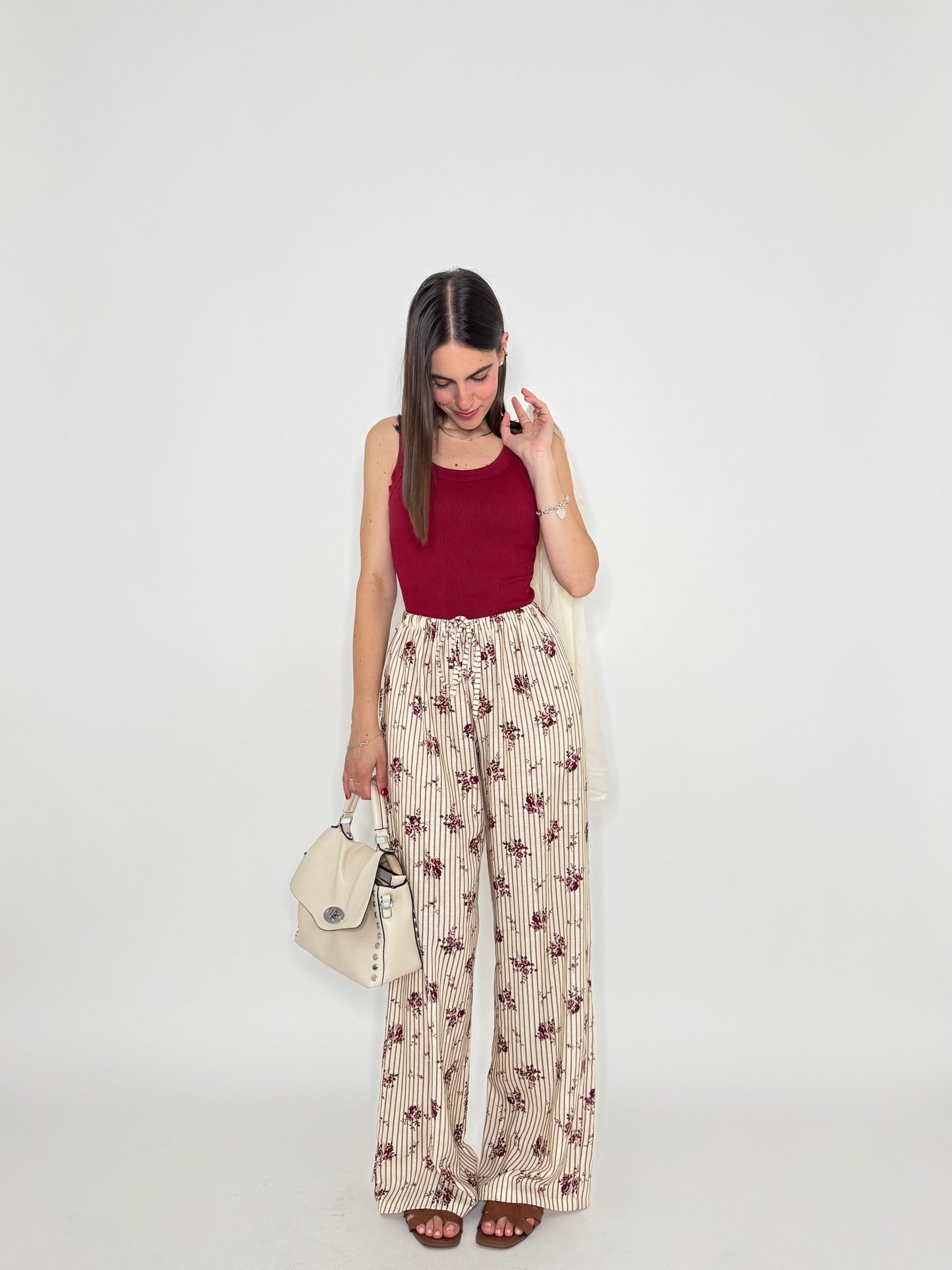 Pantalone in fantasia misto lino e viscosa panna