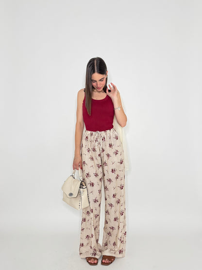 Pantalone in fantasia misto lino e viscosa panna