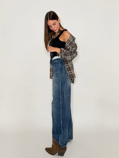 Jeans Wide Leg in Denim Blu con vita risvoltata