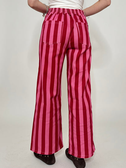 Jeans cinque tasche a righe modello wide leg Fragola/Confetto