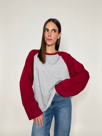 Maglia Baseball Bicolor in cotone con manica a ampia bordeaux/grigio