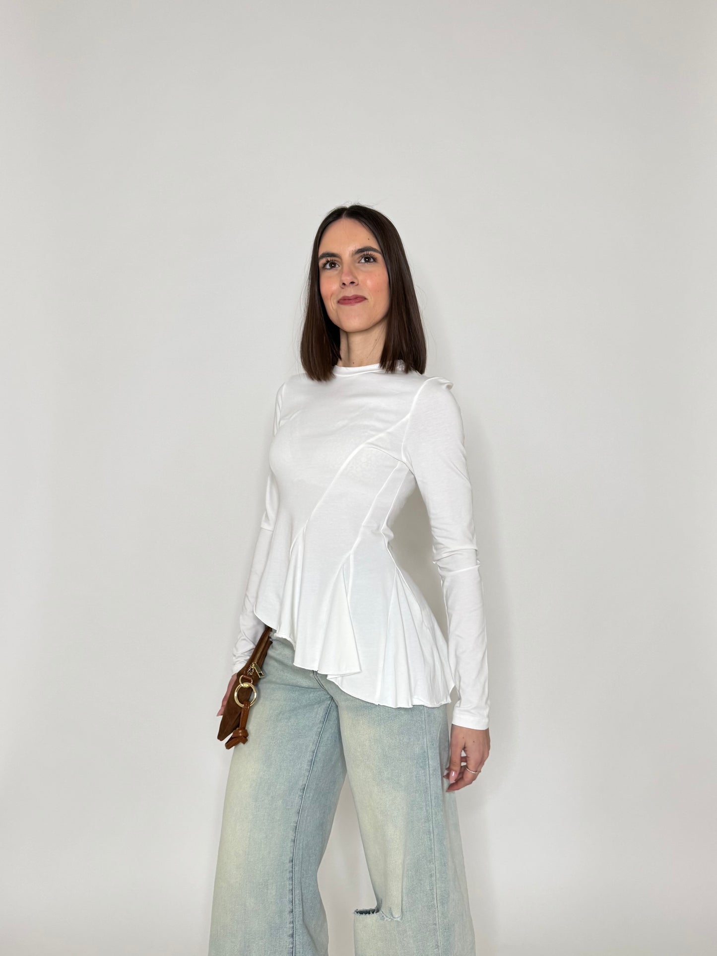 Maglia girocollo in cotone asimmetrica Bianco - Lumina
