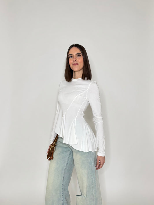 Maglia girocollo in cotone asimmetrica Bianco - Lumina