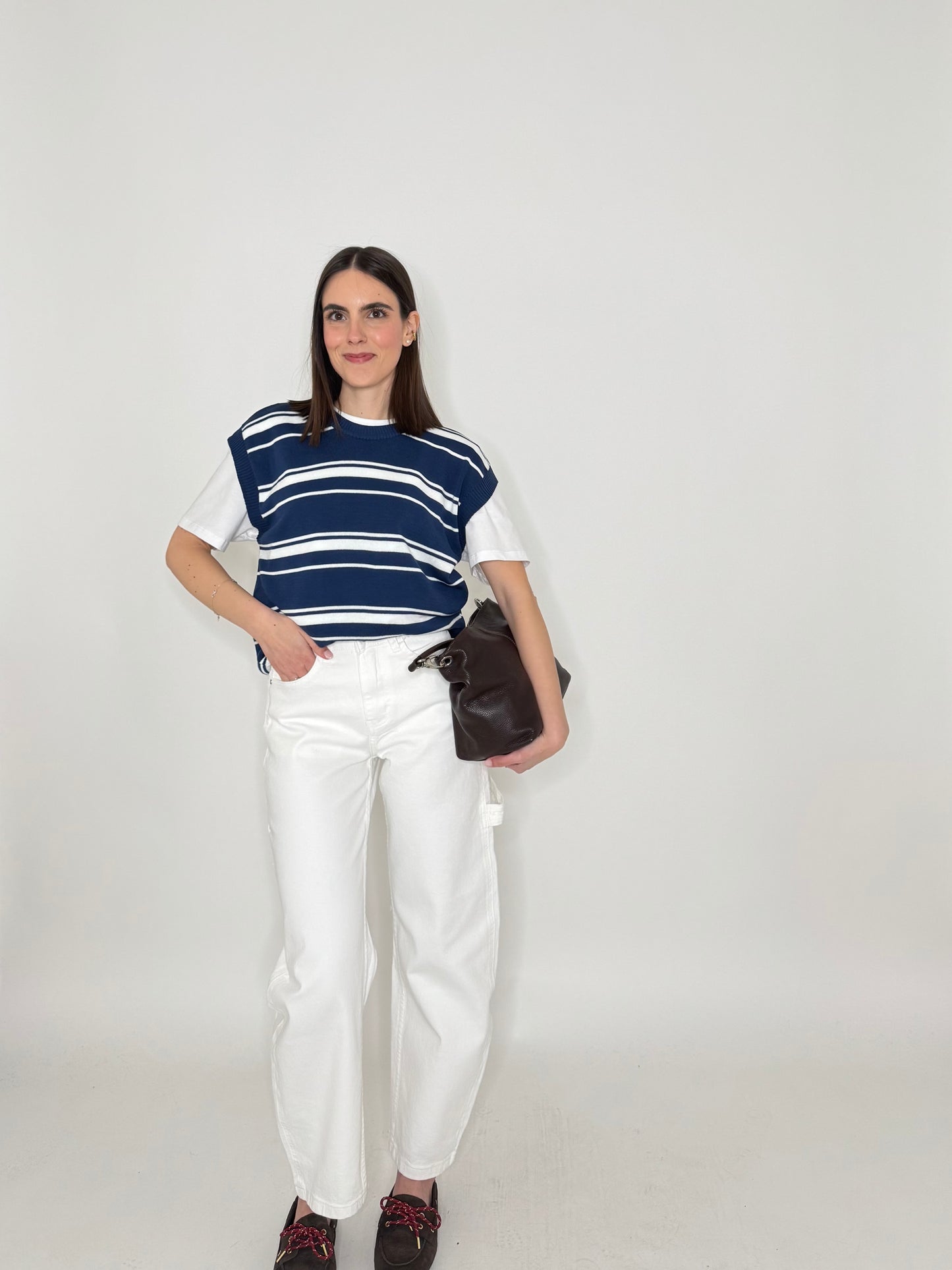 Gilet a righe in 100% cotone Blu Navy/Panna