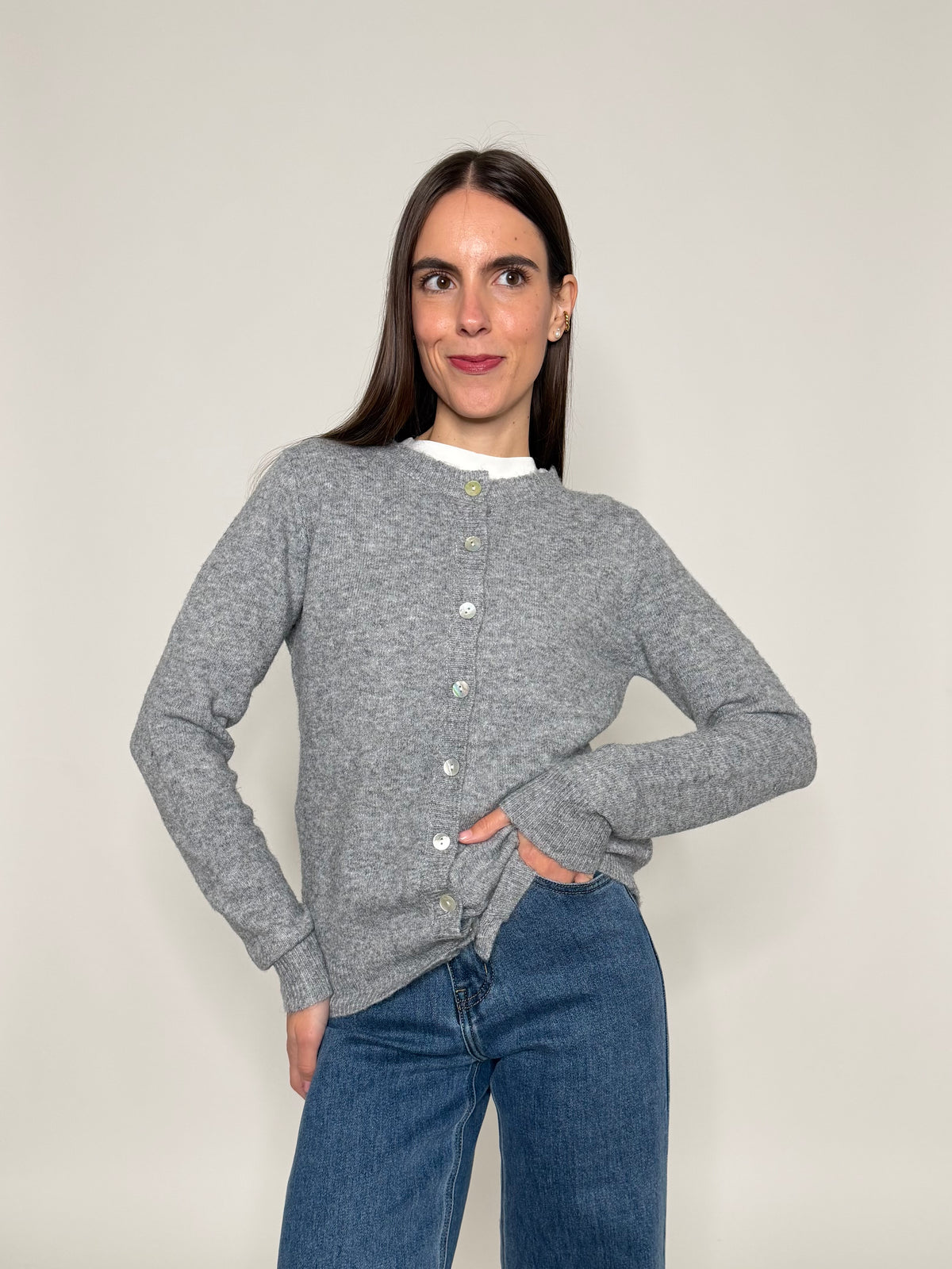 Cardigan "neve" in morbida viscosa e cotone grigio melange