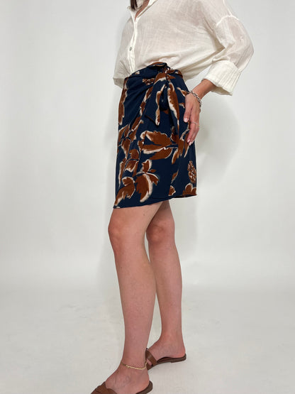 Gonna pareo mini in fresca viscosa floreale blu/moka