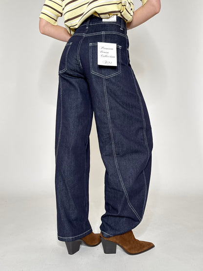 Jeans wide leg barrel con impunture Dark Blu