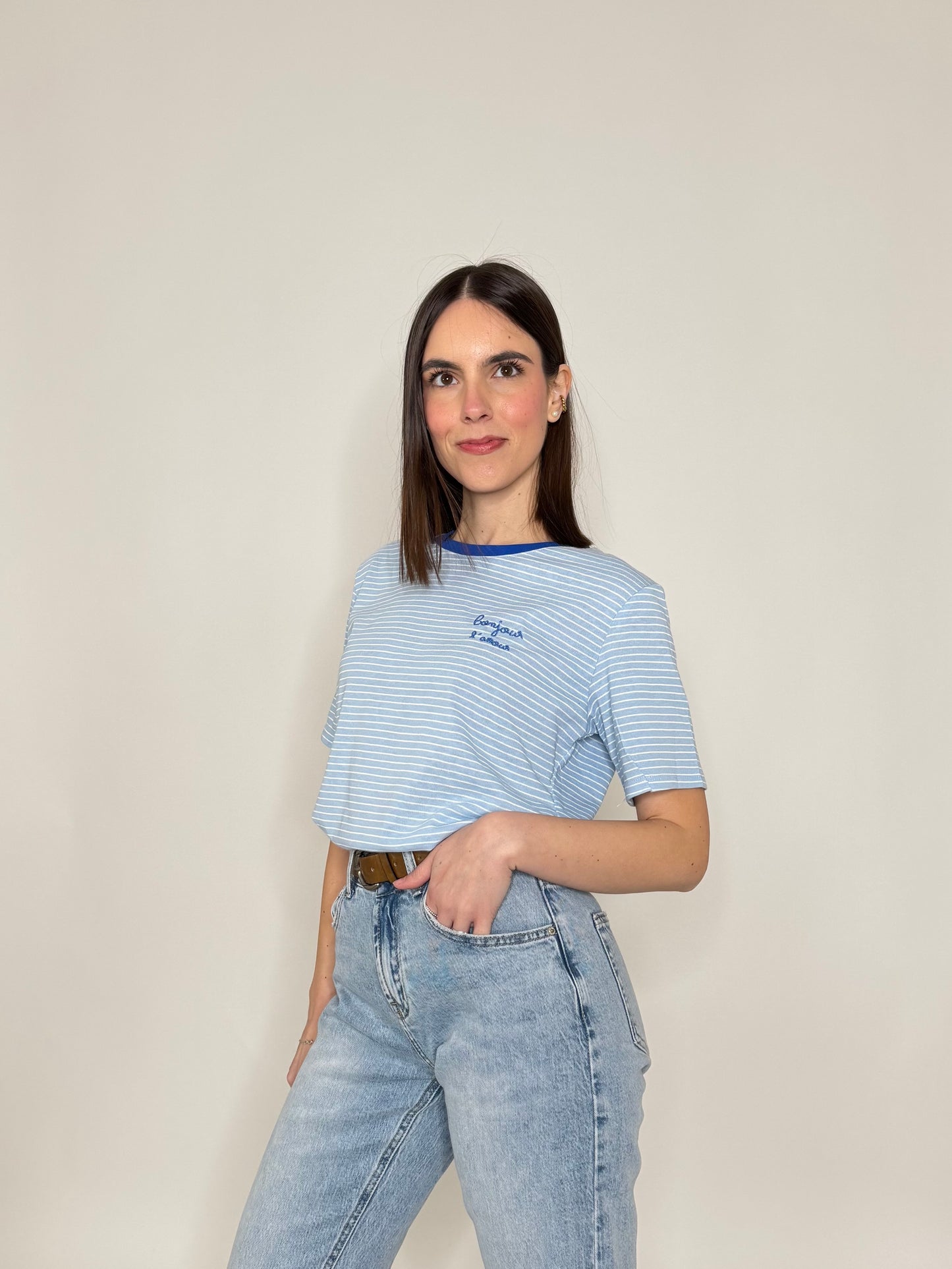 T-shirt righe light cotton Celeste