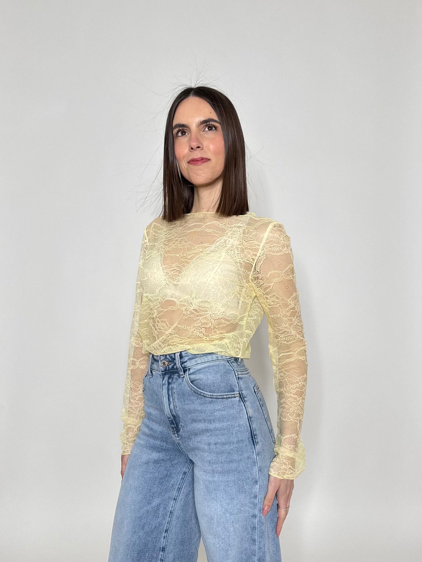Maglia girocollo light pizzo Giallo pulcino