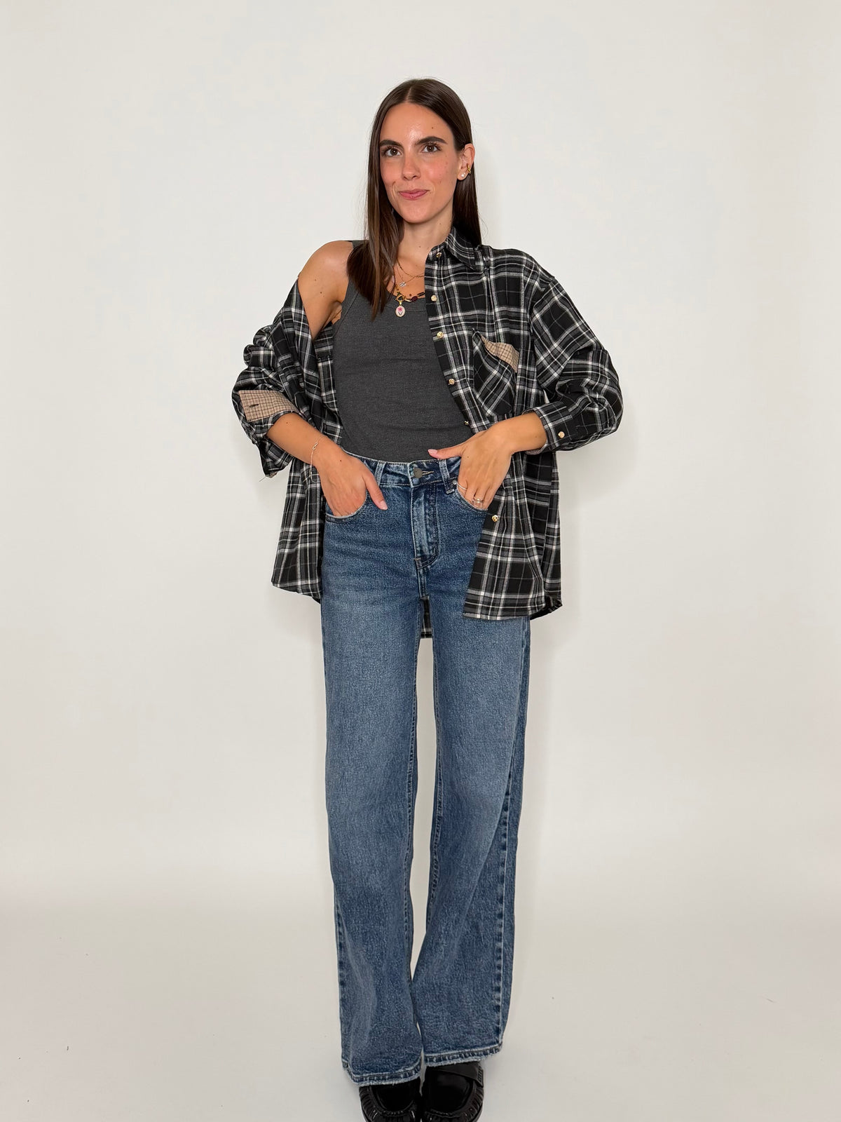 Camicia check in cotone con taschino nero