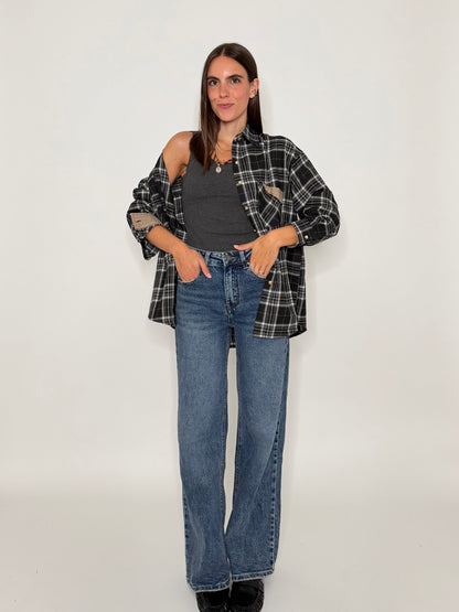 Camicia check in cotone con taschino nero