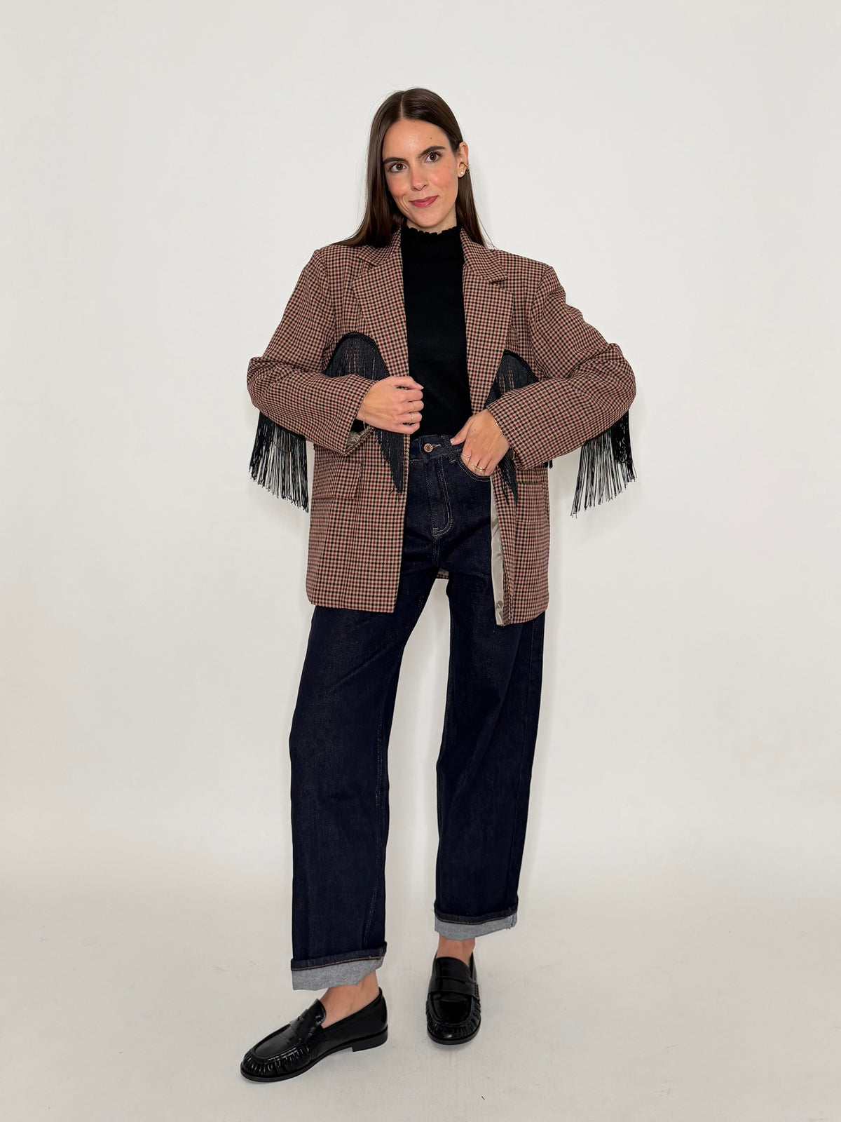 Giacca pied de poule bordeaux con frange