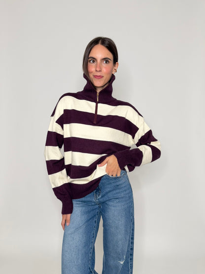 Maglione mezza zip collo alto a righe in morbida viscosa burgundy/panna