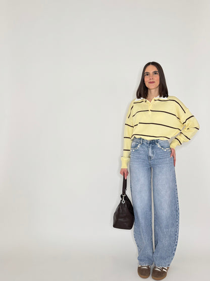 Jeans Ballon light denim ricami e caboshon