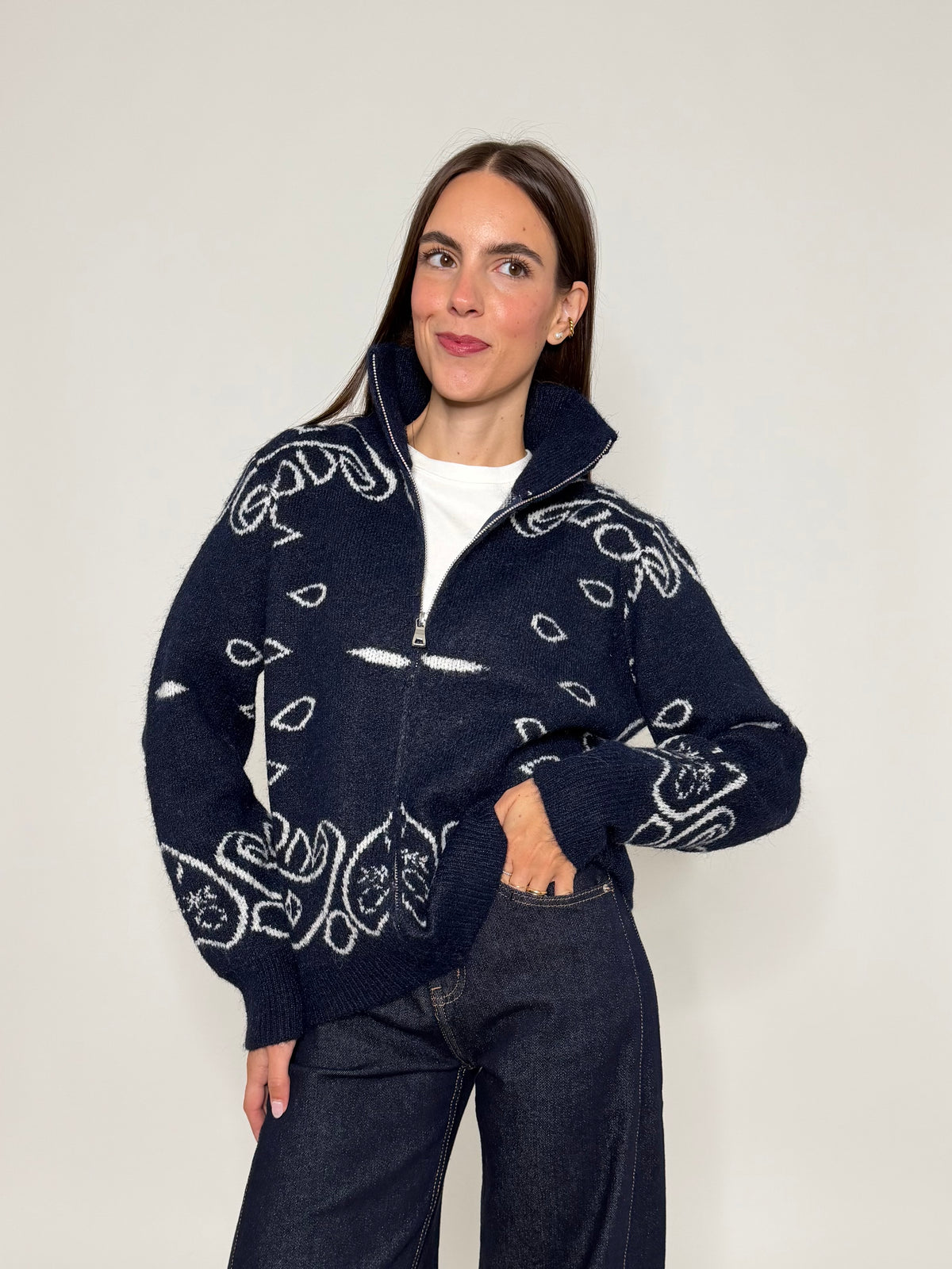 Cardigan con zip Bandana misto lana Blu