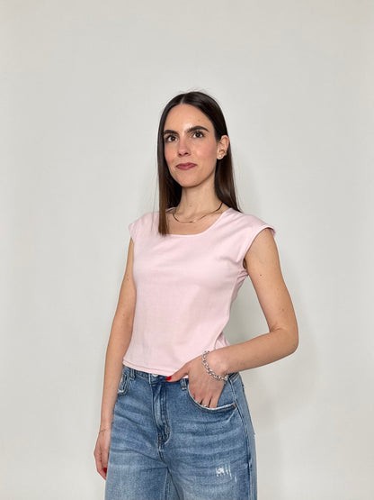 T-shirt scollo quadrato in cotone Rosa