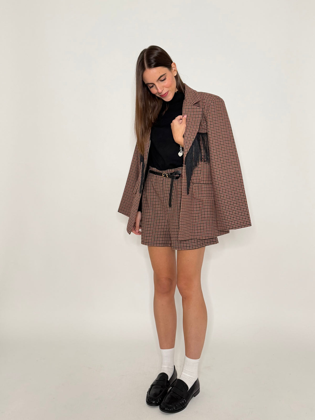 Giacca pied de poule bordeaux con frange
