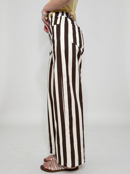 Jeans cinque tasche a righe modello wide leg Panna/cioccolato