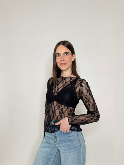 Maglia pizzo in misto cotone viscosa spring/summer Nero