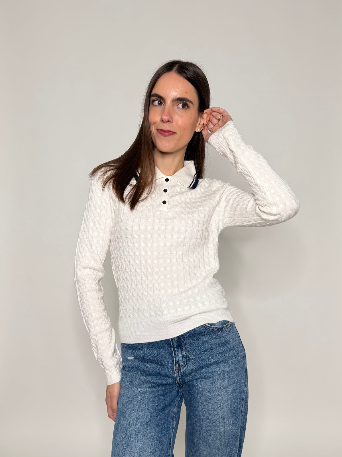 Polo in morbida viscosa trecce bianco latte