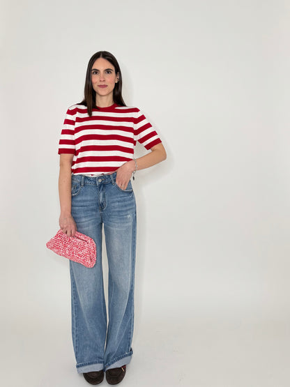 Maglia girocollo a righe manica corta in 100% cotone Rosso/Panna