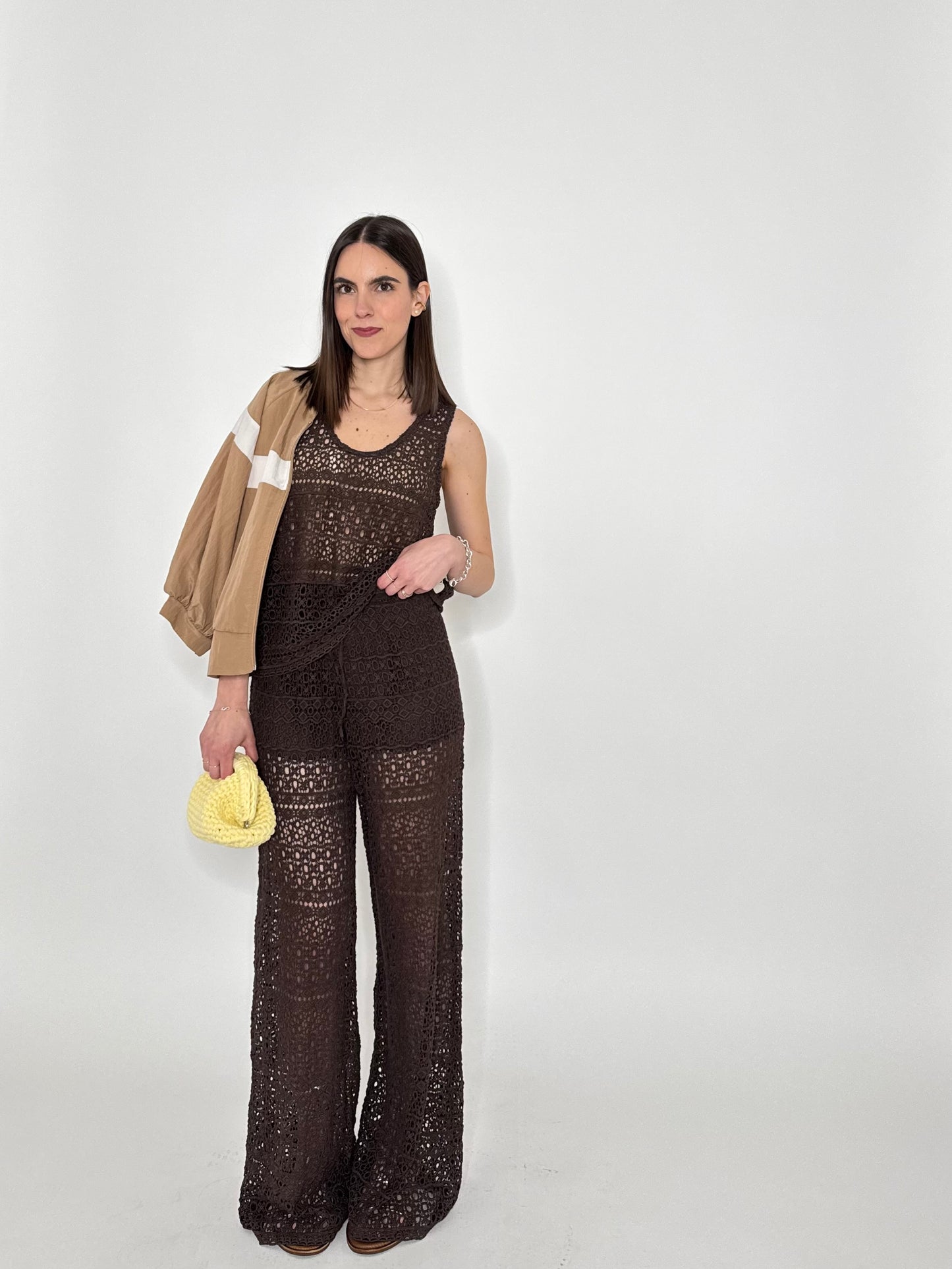 Pantalone pizzo crochet cioccolato in cotone