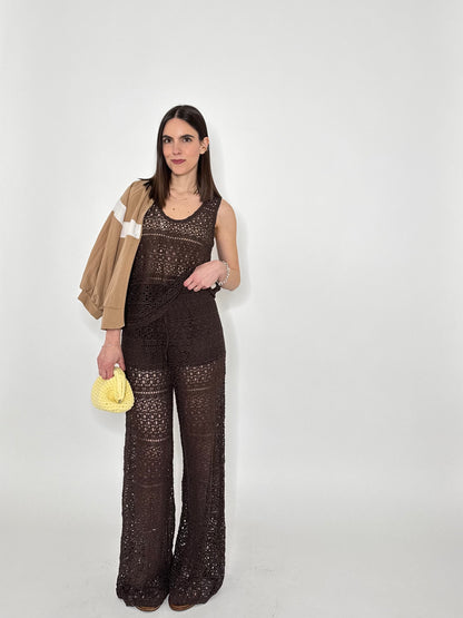 Pantalone pizzo crochet cioccolato in cotone