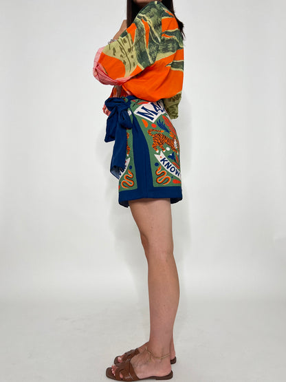 Gonna pareo mini in fresca viscosa tigre blu/verde