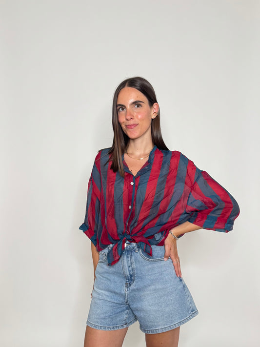 Camicia a righe in lyocell Blu notte/ bordeaux