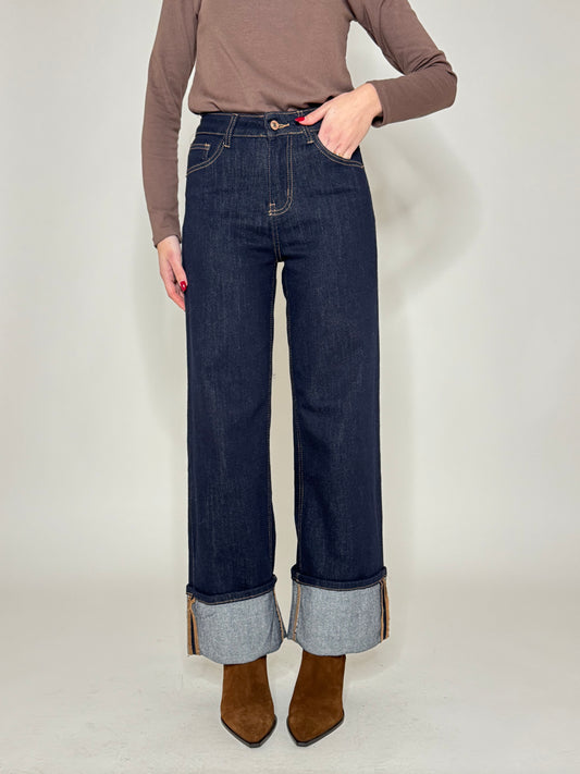 Jeans Wide leg blu scuro con risvolto