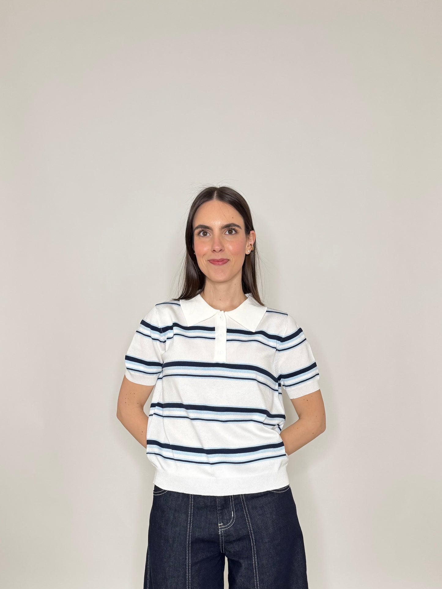 Polo in filo di viscosa a righe Bianco/Blu