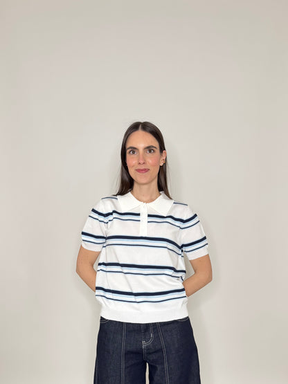 Polo in filo di viscosa a righe Bianco/Blu