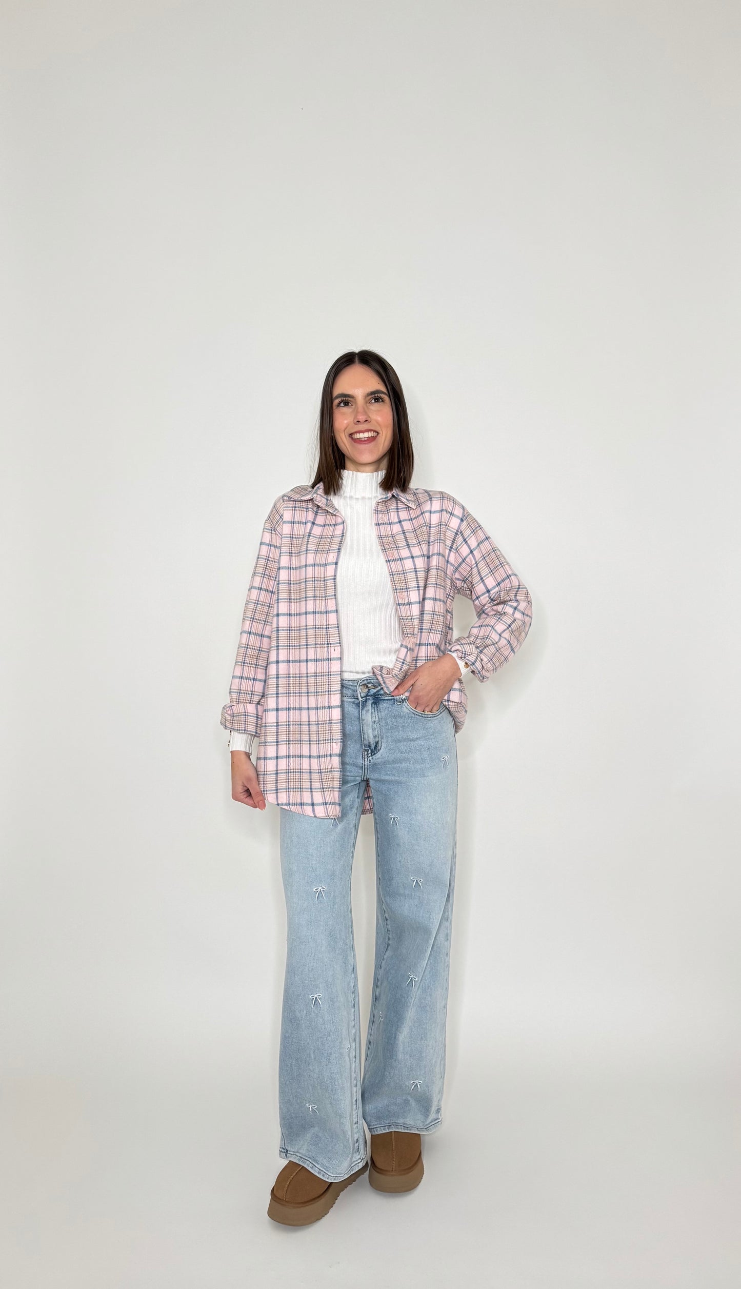 Camicia check in flanella di cotone rosa baby