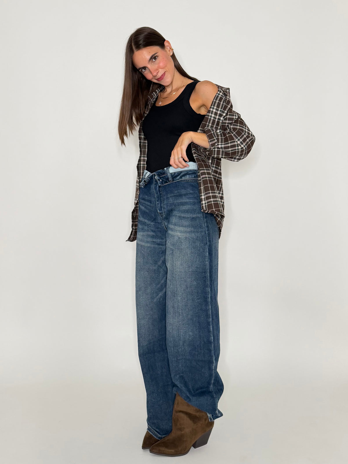 Jeans Wide Leg in Denim Blu con vita risvoltata