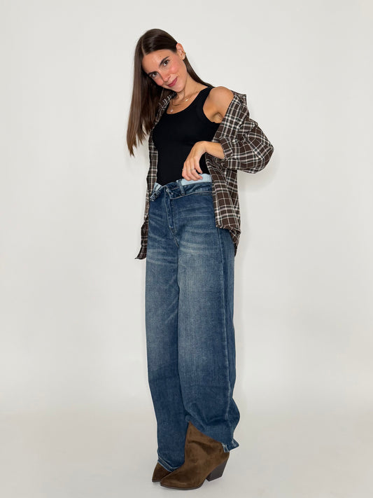Jeans Wide Leg in Denim Blu con vita risvoltata