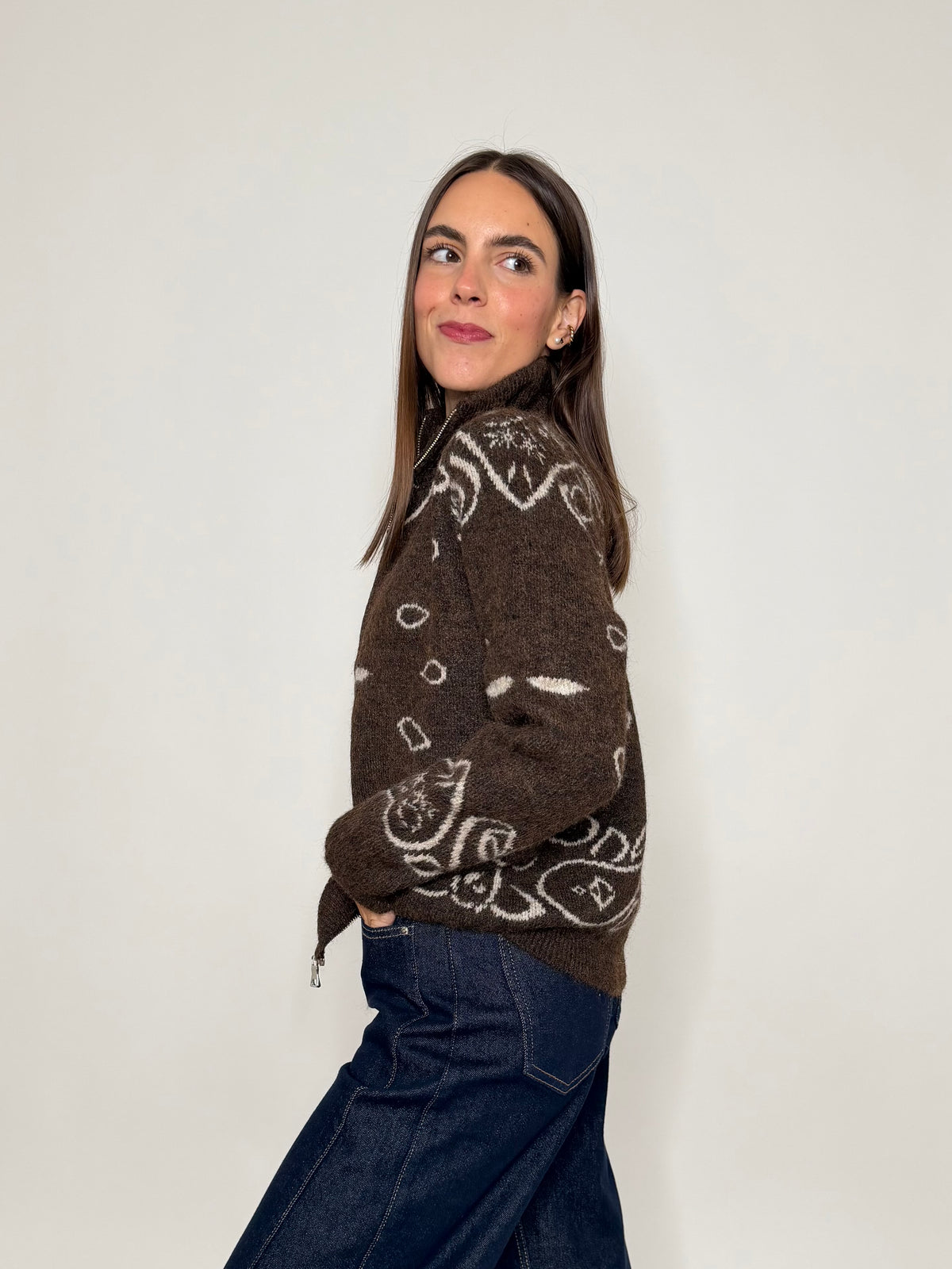Cardigan con zip Bandana misto lana Cioccolato