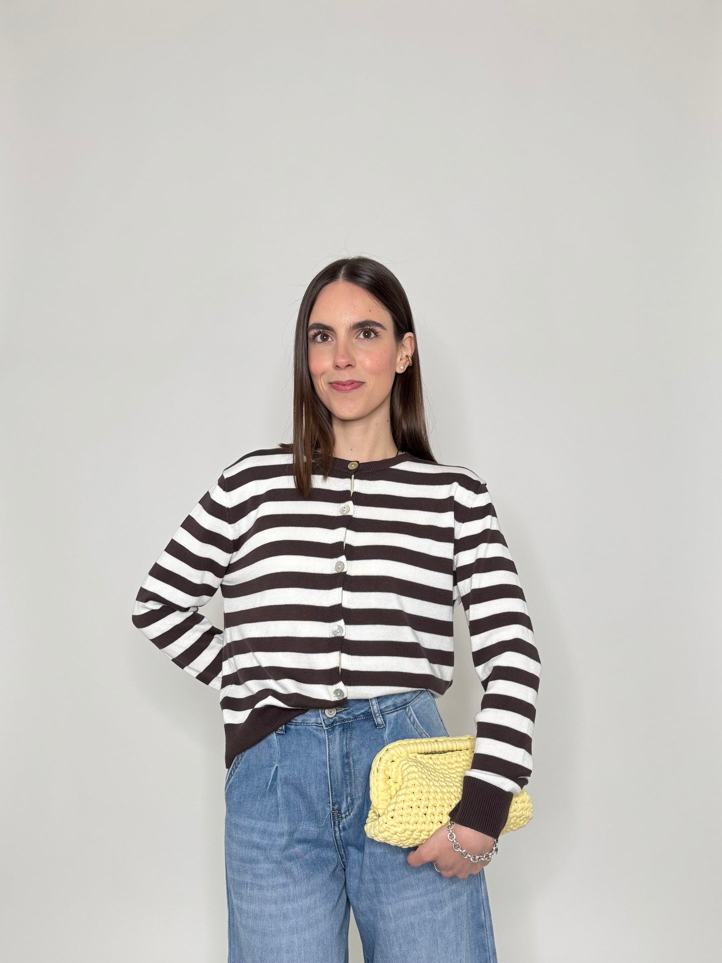 Cardigan in 100% cotone a righe girocollo Panna/Moro