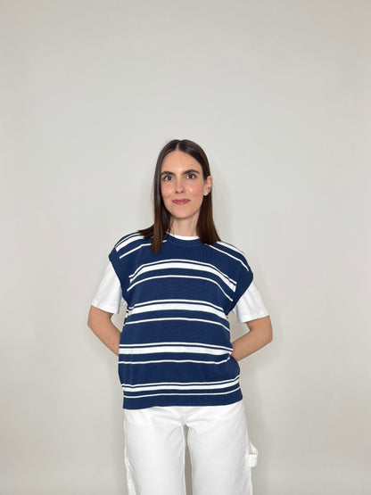 Gilet a righe in 100% cotone Blu Navy/Panna