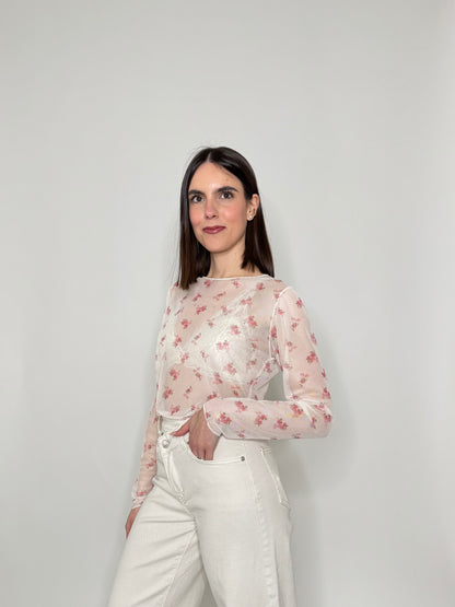 Maglia in tulle con micro fiori Panna