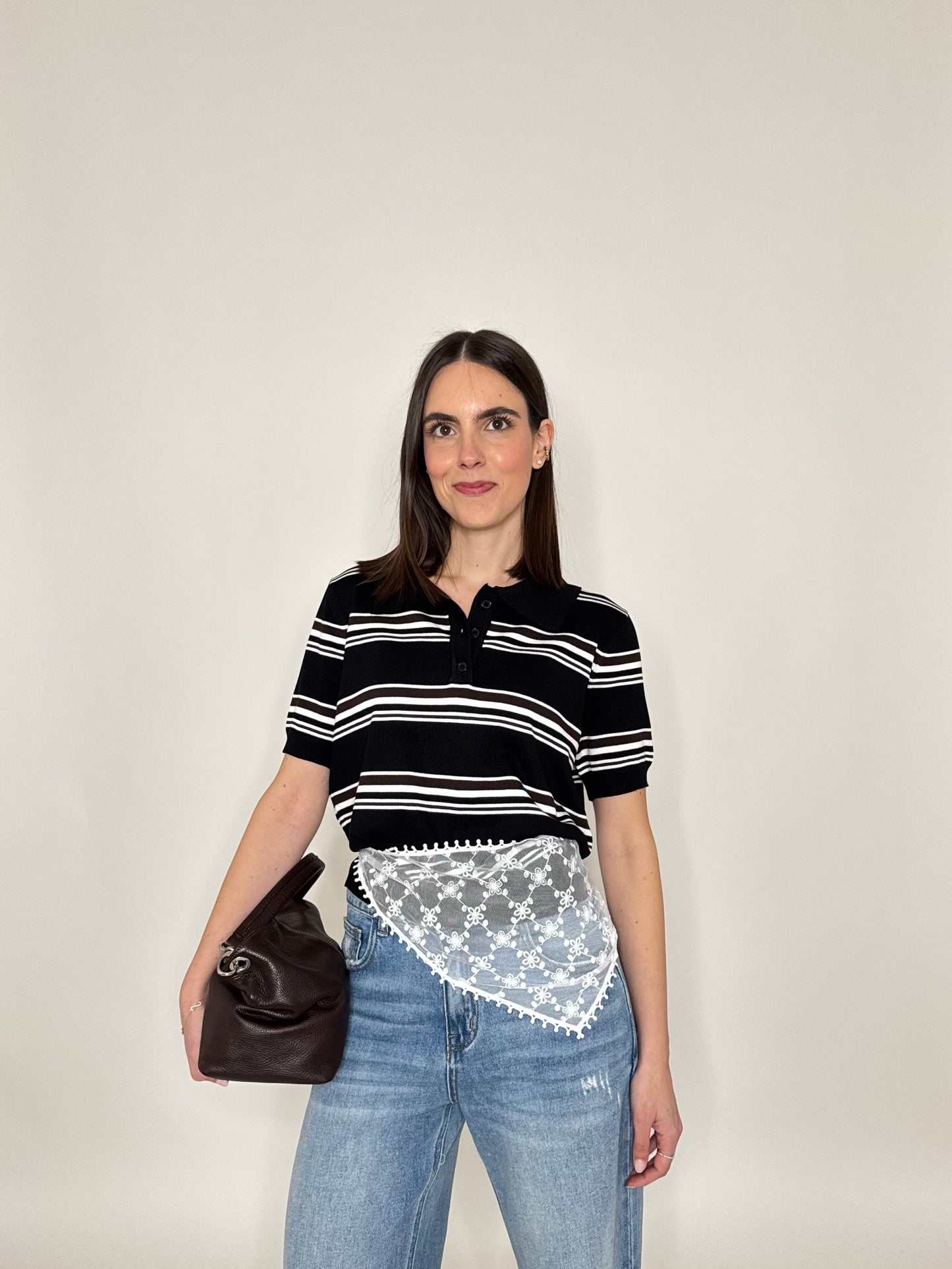 Polo in filo di viscosa a righe Nero/Bianco