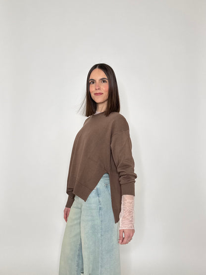 Maglia girocollo scatoletta in 100% cotone Moka