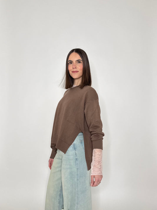Maglia girocollo scatoletta in 100% cotone Moka