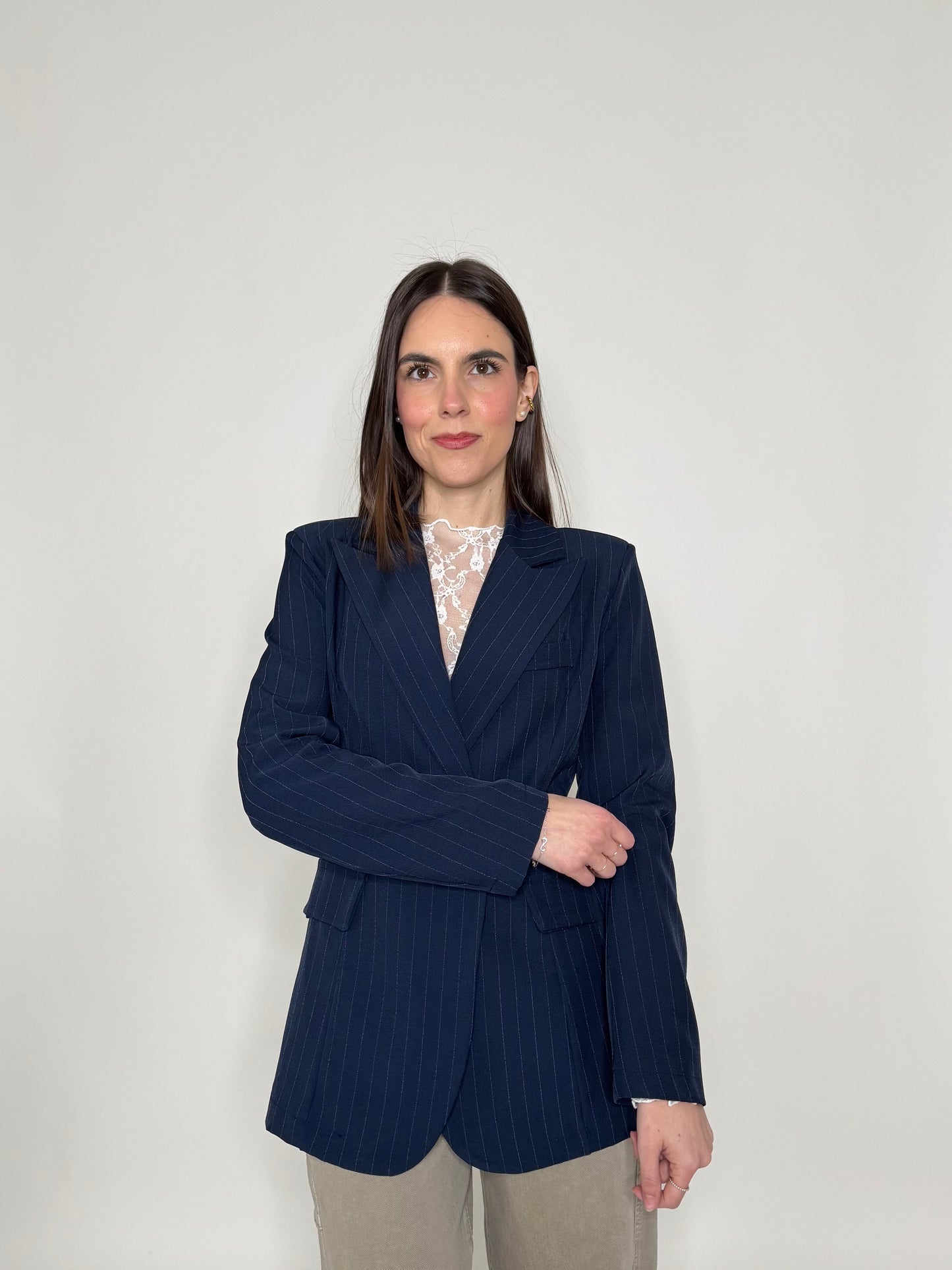 Giacca gessata doppiopetto intreccio Blu Navy