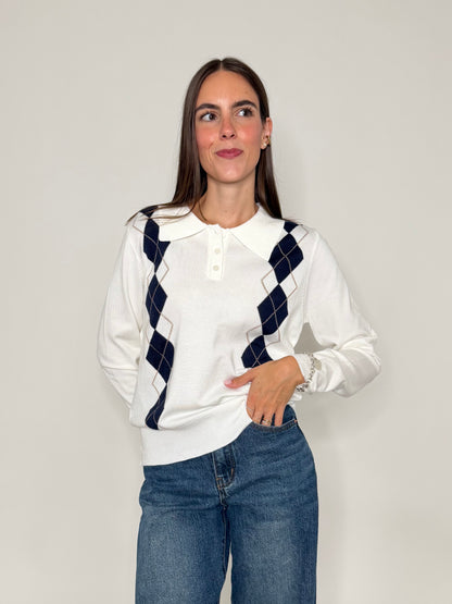 Polo a rombi in viscosa bianco latte