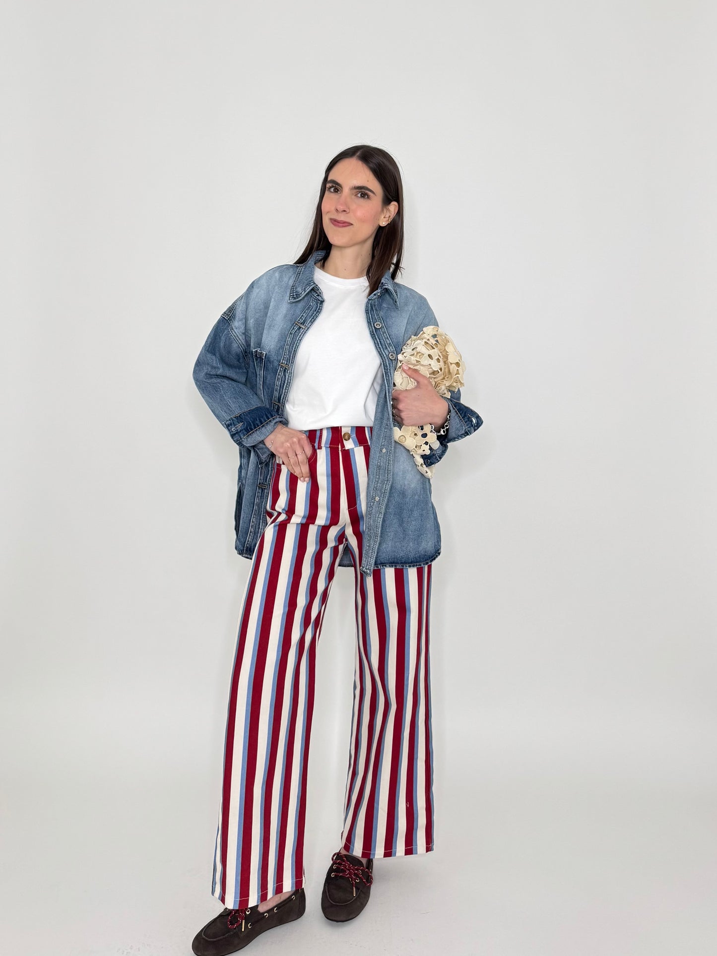 Jeans cinque tasche a righe modello wide leg Panna/Celeste/Bordeaux