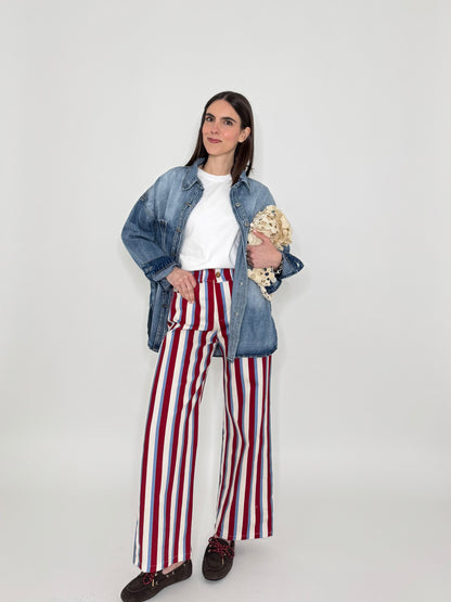 Jeans cinque tasche a righe modello wide leg Panna/Celeste/Bordeaux