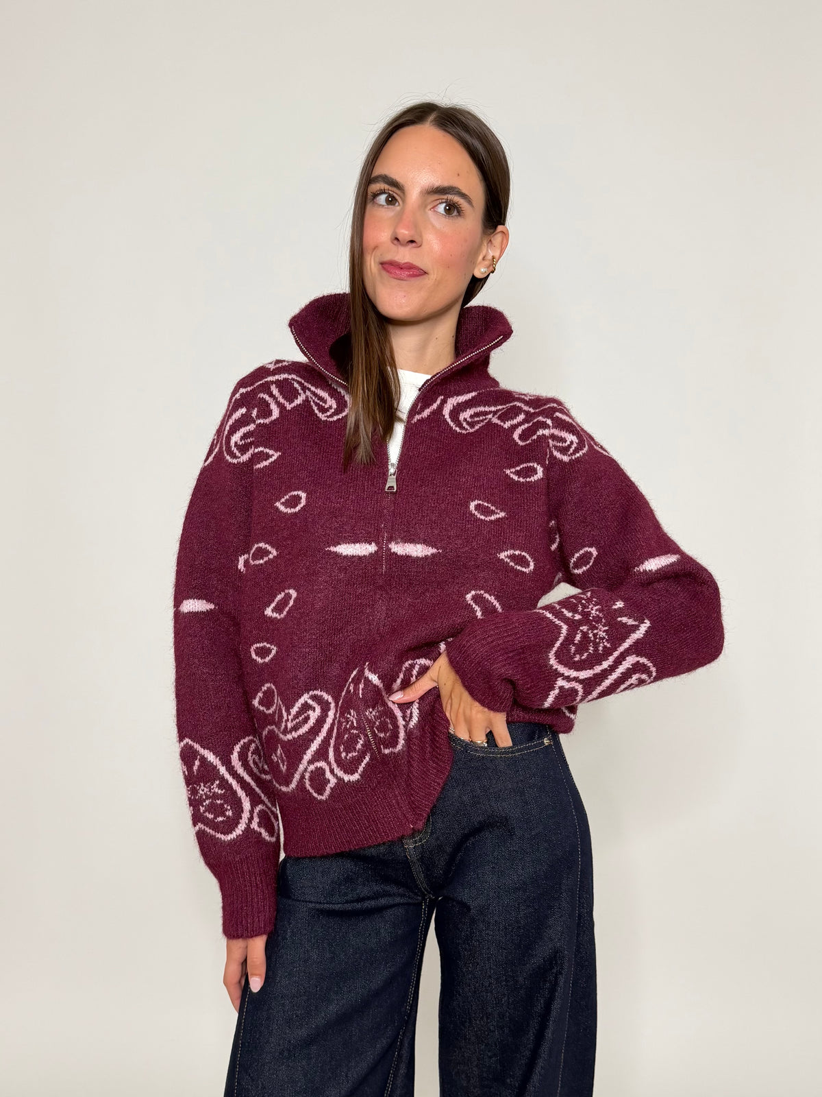 Cardigan con zip Bandana misto lana Bordeaux