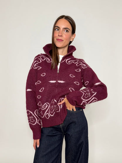 Cardigan con zip Bandana misto lana Bordeaux
