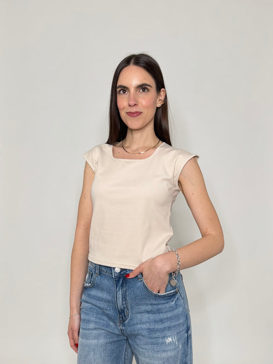 T-shirt scollo quadrato in cotone Beige
