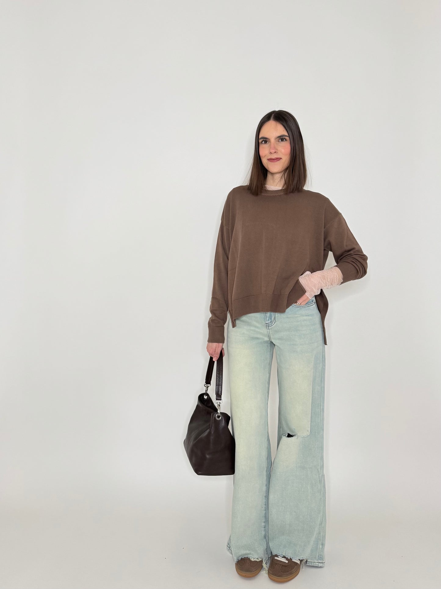 Maglia girocollo scatoletta in 100% cotone Moka